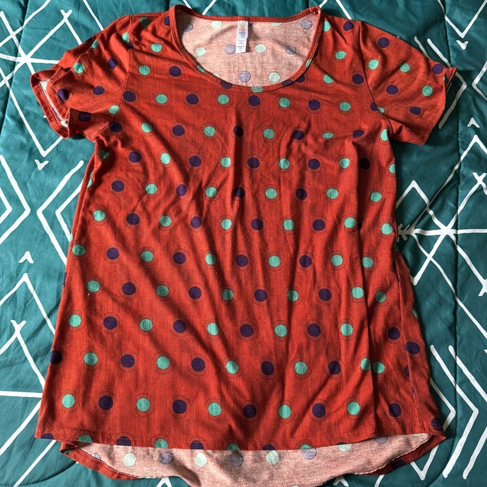 LuLaRoe Rust Short Sleeve Tee with Teal & Purple Polka Dots